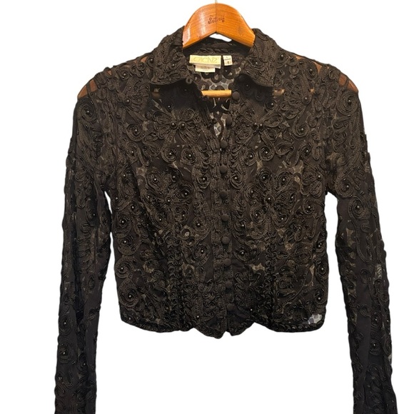 Vintage Cache Black Lace Cropped Button Down Top / Jacket Size Large - Picture 1 of 11